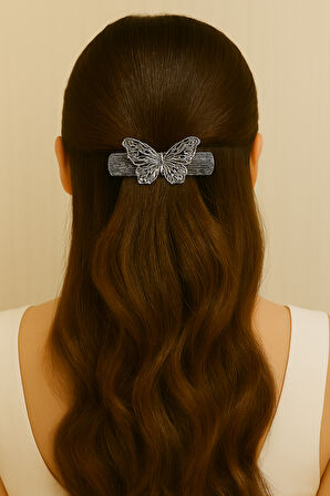 Kelebek Figürlü Metal Saç Tokası Gümüş Renk 8 cm  – Zarif ve Şık Tasarım