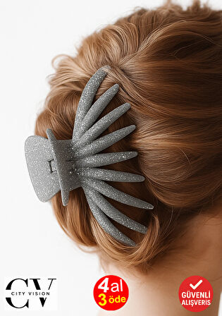 Simli Ahtapot Model Gri Renk Mandal Saç Tokası 12 cm Büyük Boy