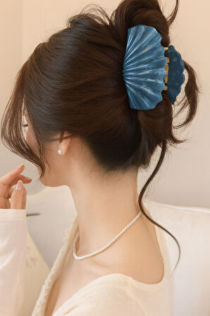 Mavi Renk Mermer Desenli 8 cm Kadın Mandal Saç Tokası