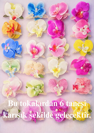 Orkide Saç Tokası Buketi - 6 Adet İncili Çift Taraflı Büyük Boy Mandal Toka - Karışık Renk Gelecektir - Hediyelik