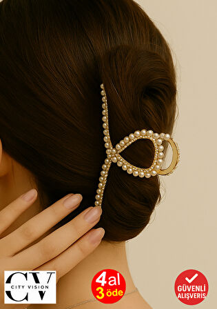 İnci ve Taş Detaylı Kurdele Formlu Metal Mandal Saç Tokası 11 cm – Zarif ve Işıltılı Tasarım