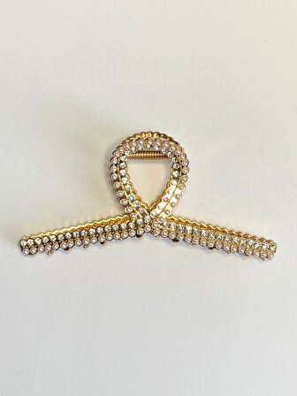 İnci ve Taş Detaylı Kurdele Formlu Metal Mandal Saç Tokası 11 cm – Zarif ve Işıltılı Tasarım