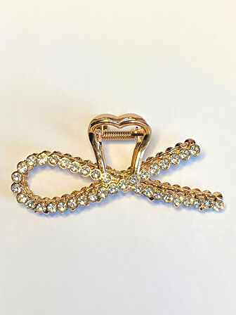 Taş Detaylı Gold Fiyonk Formlu 11 cm Saç Tokası – Zarif ve Işıltılı Tasarım