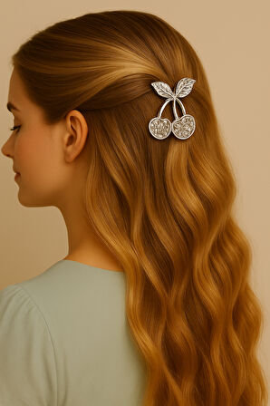 Gümüş Kiraz Formlu 7 cm Saç Tokası – Zarif ve Modern Metal Saç Aksesuarı