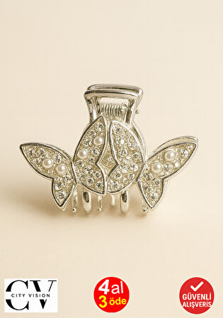 5 cm Gümüş Kelebek Formlu Taş ve İnci Detaylı Saç Tokası – Zarif ve Işıltılı Metal Mandal Toka