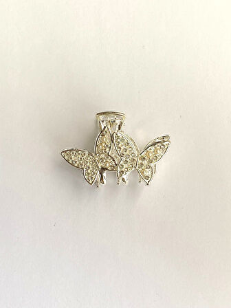 5 cm Gümüş Kelebek Formlu Taş ve İnci Detaylı Saç Tokası – Zarif ve Işıltılı Metal Mandal Toka