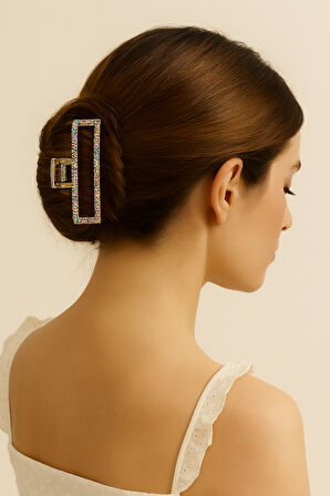 7 cm Renkli Taşlı Dikdörtgen Gold Saç Tokası – Işıltılı ve Modern Metal Mandal Toka