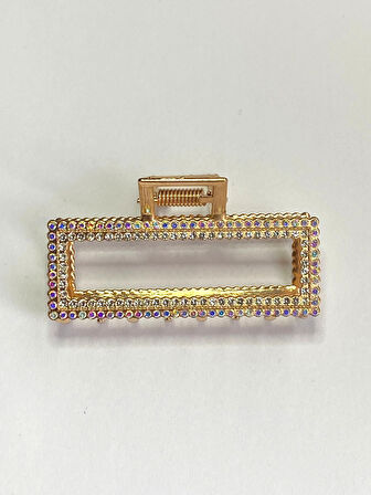 7 cm Renkli Taşlı Dikdörtgen Gold Saç Tokası – Işıltılı ve Modern Metal Mandal Toka