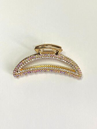 7 cm Renkli Taşlı Eliptik Model Gold Saç Tokası – Işıltılı ve Modern Metal Mandal Toka