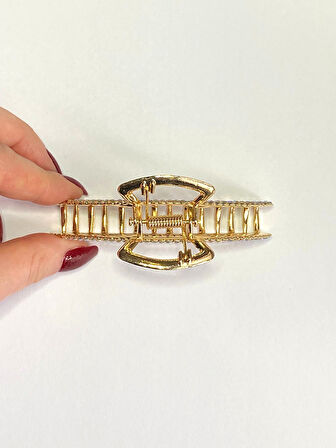 7 cm Renkli Taşlı Eliptik Model Gold Saç Tokası – Işıltılı ve Modern Metal Mandal Toka