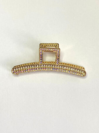 7 cm Gold Taşlı Kavisli Saç Tokası – Şık ve Işıltılı Metal Mandal Toka