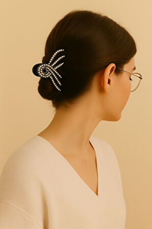 7 cm Siyah Taşlı Dal Formu Saç Tokası – Zarif ve Işıltılı Metal Mandal Toka