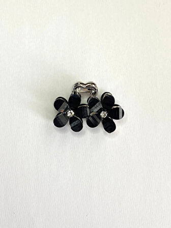 Siyah Taşlı Çiçek Gümüş Detaylı Metal Mandal Toka 4 cm 