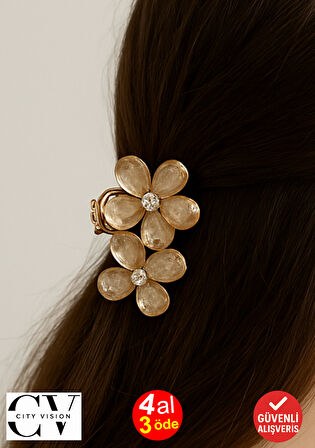 Bej Taşlı Çiçek Gümüş Detaylı Metal Mandal Toka 4 cm 