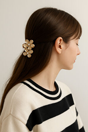 Bej Taşlı Çiçek Gümüş Detaylı Metal Mandal Toka 4 cm 