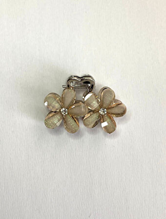 Bej Taşlı Çiçek Gümüş Detaylı Metal Mandal Toka 4 cm 