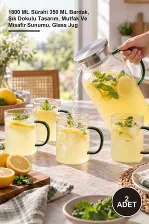 2 Adet Cam Sürahi Ve Kulplu Bardak Seti – 1800 ML Sürahi 350 ML Bardak, Şık Dokulu Tasarım, Mutfak Ve Misafir Sunumu, Glass Jug