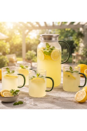 2 Adet Cam Sürahi Ve Kulplu Bardak Seti – 1800 ML Sürahi 350 ML Bardak, Şık Dokulu Tasarım, Mutfak Ve Misafir Sunumu, Glass Jug