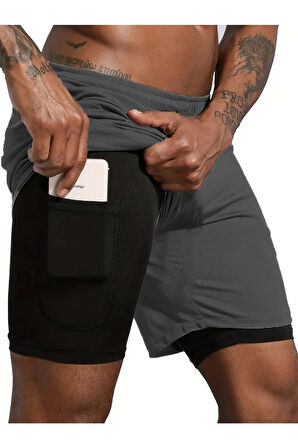 Sporcu Şortu, Alt Siyah Tayt Görünümlü Çok Cepli Taytlı Spor Şortu