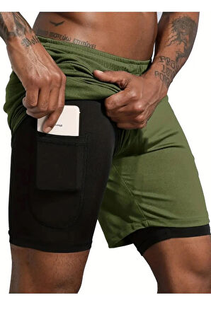 Sporcu Şortu, Alt Siyah Tayt Görünümlü Çok Cepli Taytlı Spor Şortu