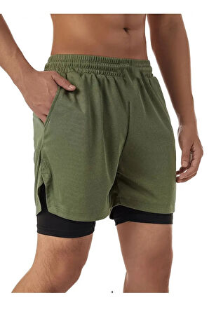 Sporcu Şortu, Alt Siyah Tayt Görünümlü Çok Cepli Taytlı Spor Şortu