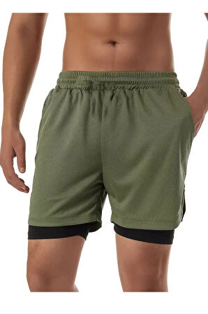 Sporcu Şortu, Alt Siyah Tayt Görünümlü Çok Cepli Taytlı Spor Şortu