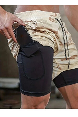 Kamuflaj desen Sporcu Şortu, Alt Siyah Tayt Görünümlü Çok Cepli Taytlı Spor Şortu