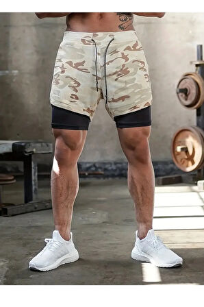 Kamuflaj desen Sporcu Şortu, Alt Siyah Tayt Görünümlü Çok Cepli Taytlı Spor Şortu