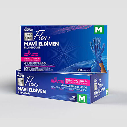 Flex tek kullanımlık pudrasız tpe eldiven 100'lü M-mavi