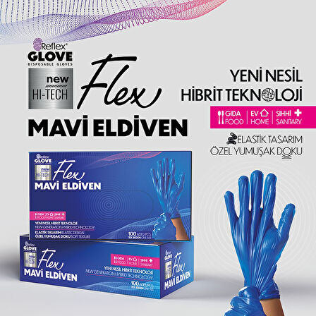 Flex tek kullanımlık pudrasız tpe eldiven 100'lü S-mavi