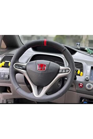 Honda Civic Fd6 Araca Özel Direksiyon Kılıfı (noktalı-düz Ithal Deri Kırmızı Yüzüklü)