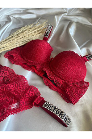 Dantelli Lastiği Taşlı Balenli Destekli Dolgulu Push Up Kırmızı Sütyen Ve String Iç Çamaşırı Takımı