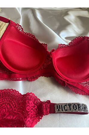 Dantelli Lastiği Taşlı Balenli Destekli Dolgulu Push Up Kırmızı Sütyen Ve String Iç Çamaşırı Takımı