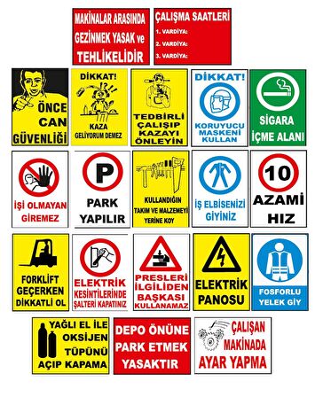 Atölye Fabrika İşyeri İş Güvenliği Uyarı Levhası -20 adet Pvc Levha  