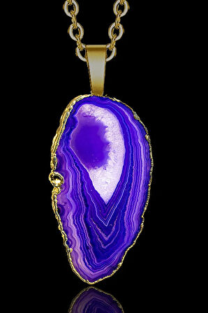 Sertifikalı Ham Mor Akik Taşı Plaka Kolye - 24k Altın Kaplama