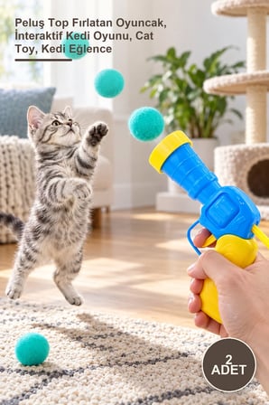 2 Adet Peluş Top Atan İnteraktif Kedi Oyuncağı – Peluş Top Fırlatan Oyuncak, İnteraktif Kedi Oyunu, Cat Toy, Kedi Eğlence
