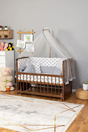 Ahşap Beşik Anne Yanı Beşik Ceviz 60x120 - Gri Balina Uyku Seti Yatak
