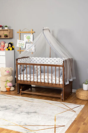 Ahşap Beşik Anne Yanı Beşik Ceviz 60x120 - Gri Balina Uyku Seti Yatak
