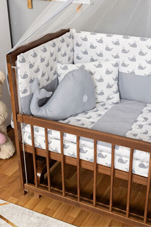 Ahşap Beşik Anne Yanı Beşik Ceviz 60x120 - Gri Balina Uyku Seti Yatak
