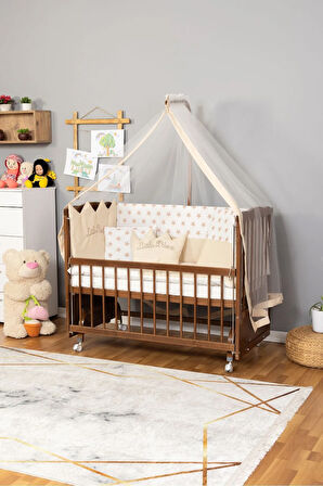 Ahşap Beşik Anne Yanı Beşik Ceviz 60x120 Krem Prens (ERKEK) Uyku Seti Yatak Tekerlekli