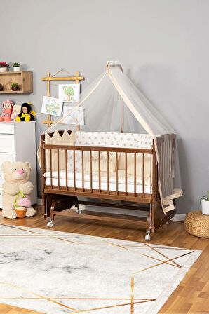 Ahşap Beşik Anne Yanı Beşik Ceviz 60x120 Krem Prens (ERKEK) Uyku Seti Yatak Tekerlekli