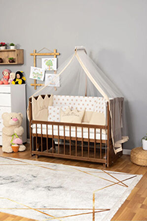 Ahşap Beşik Anne Yanı Beşik Ceviz 60x120 Krem Prens ( Erkek ) Uyku Seti Yatak
