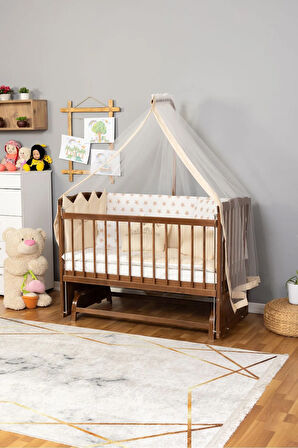 Ahşap Beşik Anne Yanı Beşik Ceviz 60x120 Krem Prens ( Erkek ) Uyku Seti Yatak