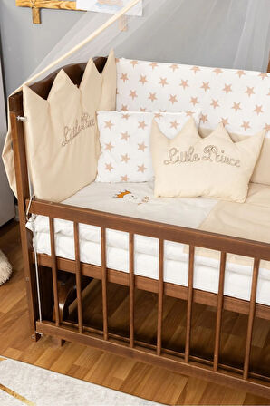 Ahşap Beşik Anne Yanı Beşik Ceviz 60x120 Krem Prens ( Erkek ) Uyku Seti Yatak