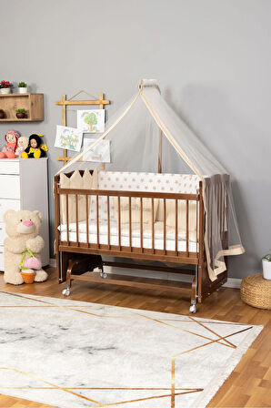 Ahşap Beşik Anne Yanı Beşik Ceviz 60x120 Krem Prenses (KIZ) Uyku Seti Yatak Tekerlekli