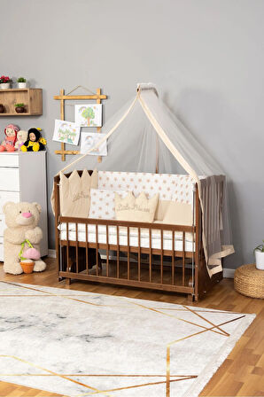 Ahşap Beşik Anne Yanı Beşik Ceviz 60x120 Krem Prenses ( Kız ) Uyku Seti Yatak