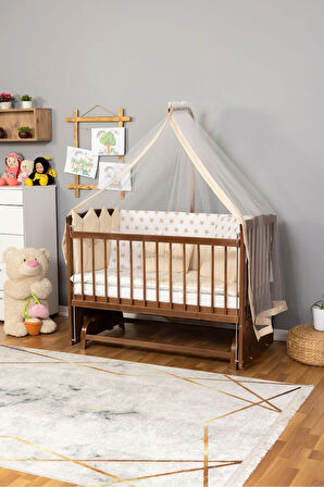 Ahşap Beşik Anne Yanı Beşik Ceviz 60x120 Krem Prenses ( Kız ) Uyku Seti Yatak