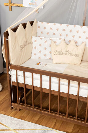 Ahşap Beşik Anne Yanı Beşik Ceviz 60x120 Krem Prenses ( Kız ) Uyku Seti Yatak