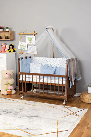 Ahşap Beşik Anne Yanı Beşik Ceviz 60x120 Mavi Prens (ERKEK) Uyku Seti Yatak Tekerlekli