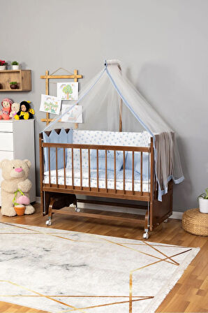 Ahşap Beşik Anne Yanı Beşik Ceviz 60x120 Mavi Prens (ERKEK) Uyku Seti Yatak Tekerlekli